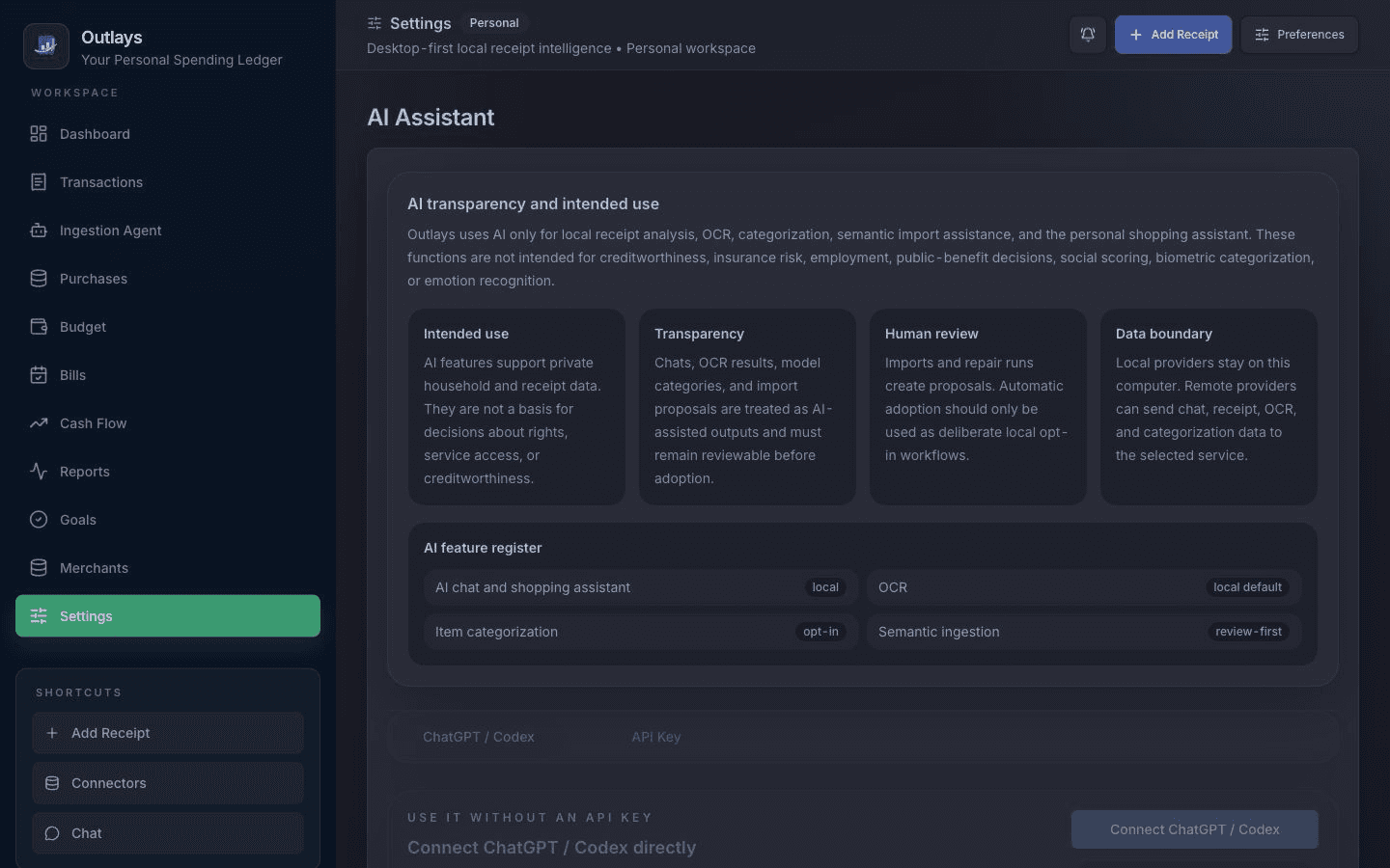 Outlays Einstellungen für lokale und Remote-KI-Anbieter