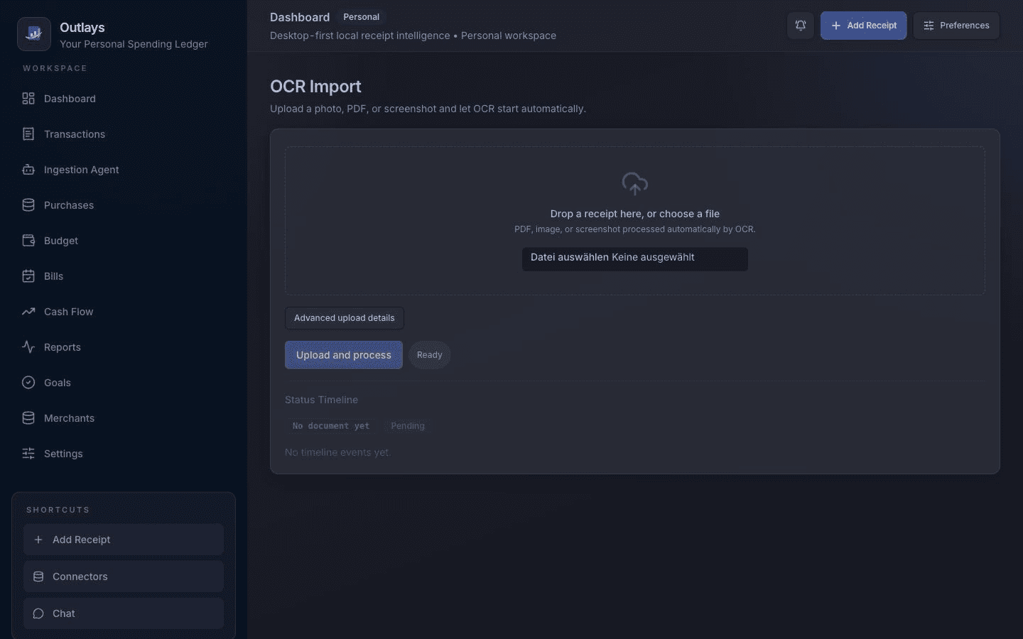 Outlays OCR-Import mit Dokumentvorschau und erkannten Feldern